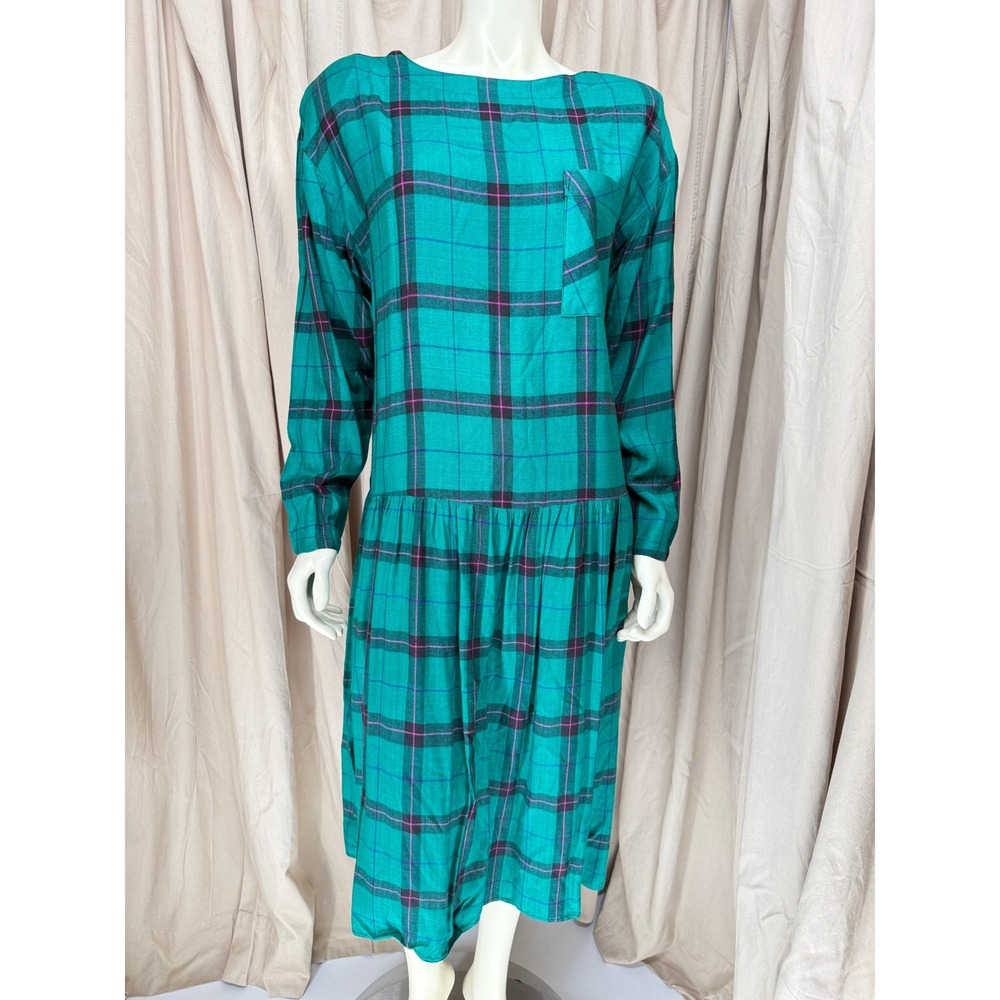 Vintage Joni Blair Teal Plaid Drop Waist Midi Dress Large